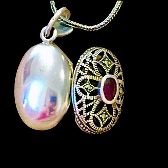 Red Garnet Marcasite Locket Sterling Silver Filigree Design